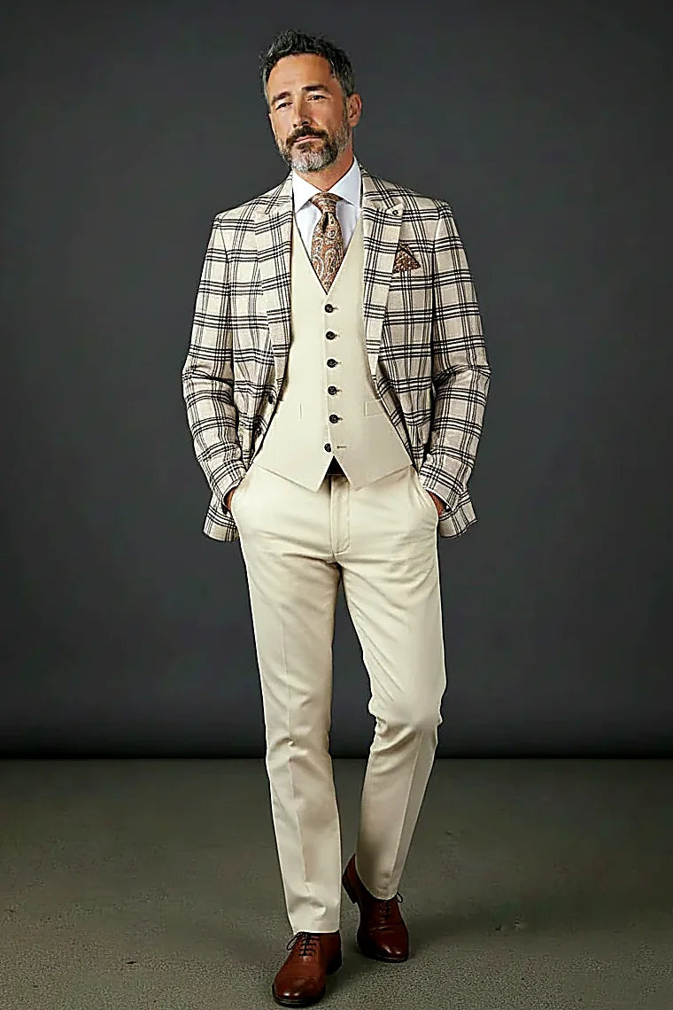 Cream & Black Plaid Blazer - Three-Piece Windowpane Suit
