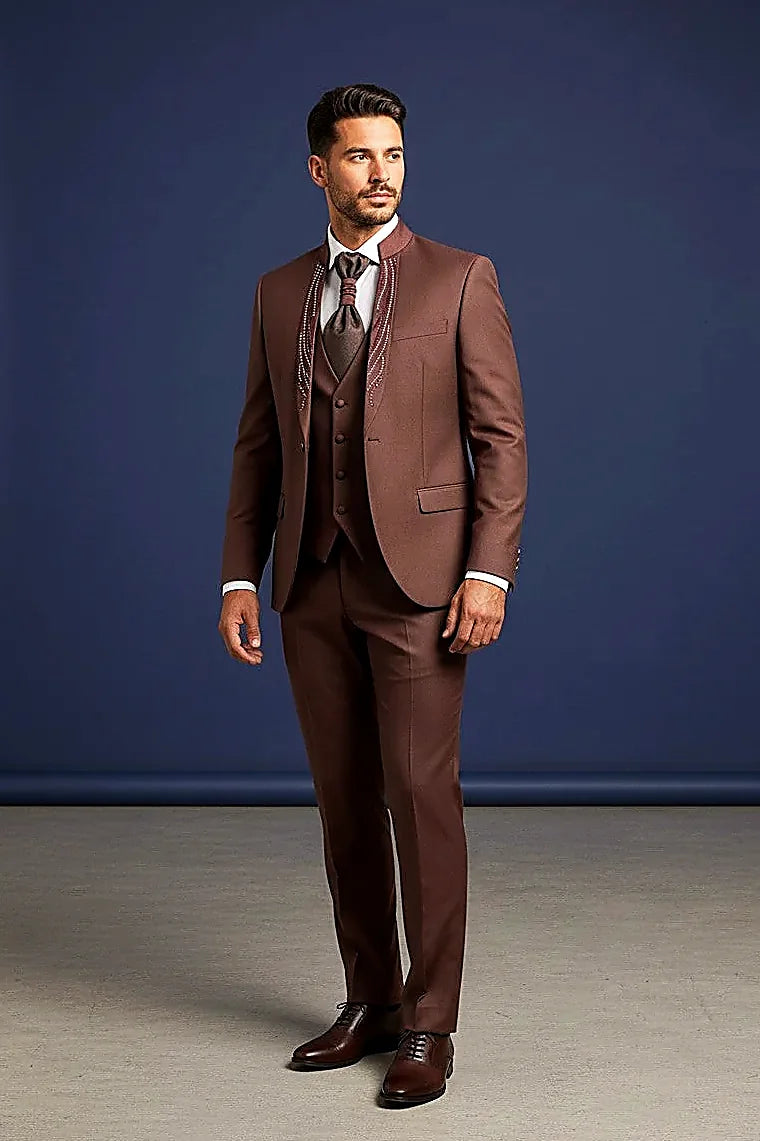 Burgundy Mandarin Collar Suit — tonal burgundy crystals arranged in a flowing vertical panel