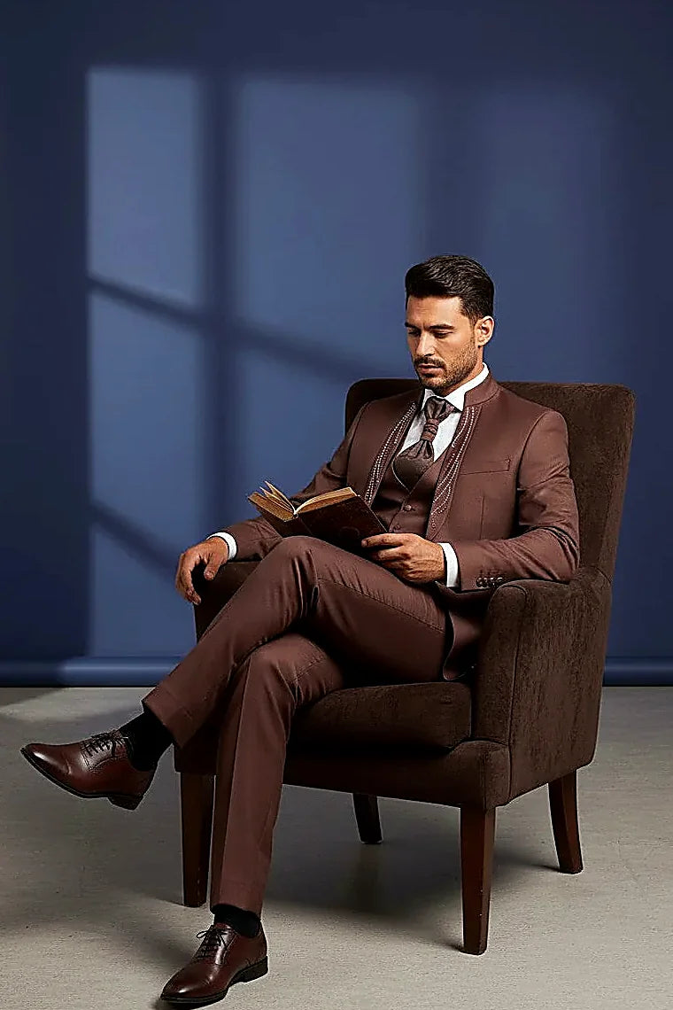 Burgundy Mandarin Collar Suit showing tonal burgundy crystals arranged in a flowing vertical panel
