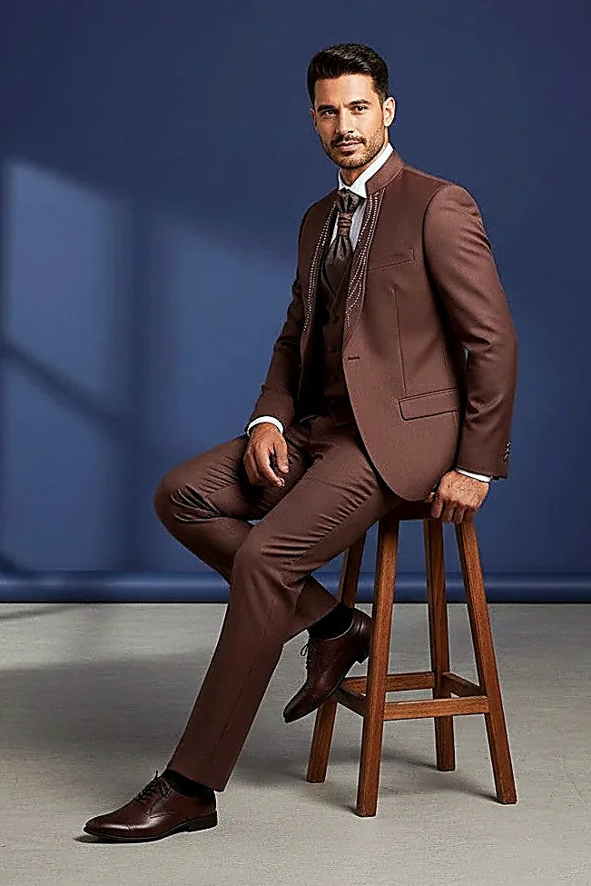 tonal burgundy crystals arranged in a flowing vertical panel, on this burgundy Mandarin Collar Suit