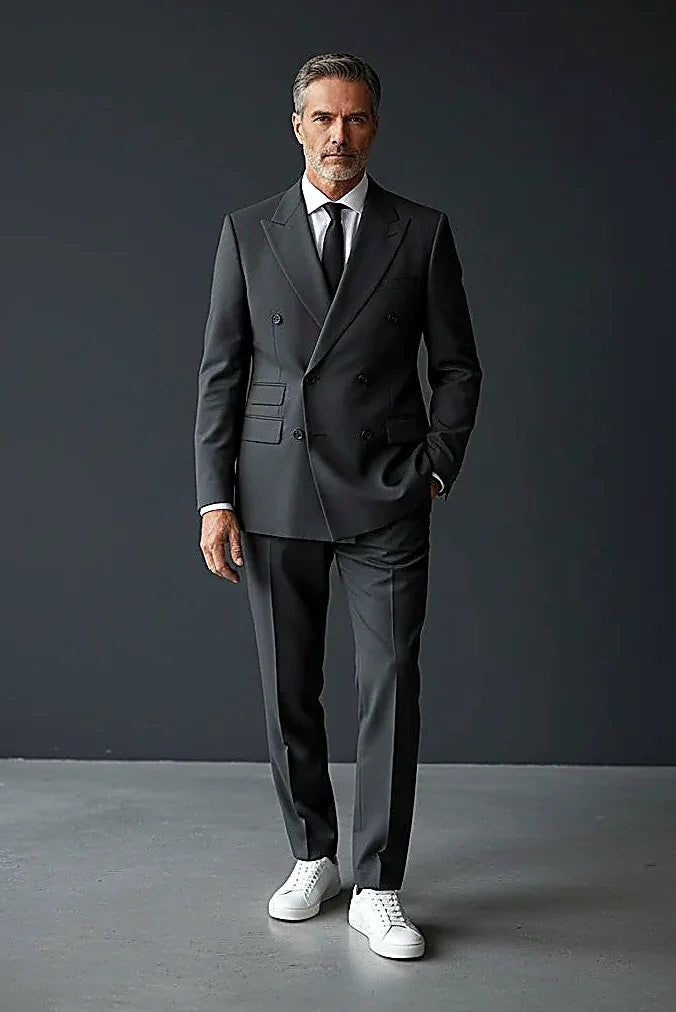 a slim double-breasted cut with a modern silhouette