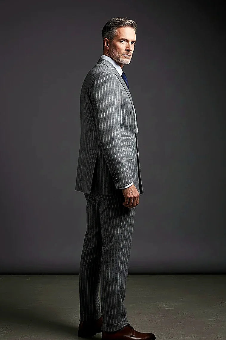 Grey Double-Breasted Suit showing a grey double-breasted front cut on modern lines
