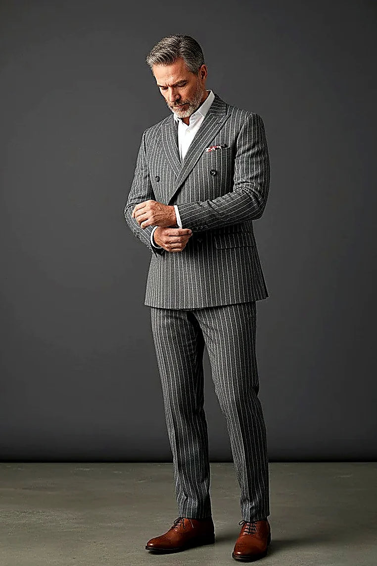 a grey double-breasted front cut on modern lines