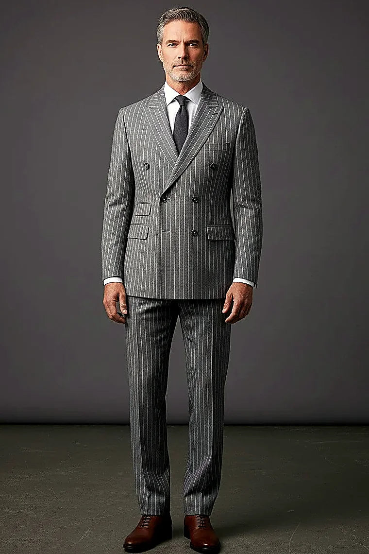 a grey double-breasted front cut on modern lines, on this grey Double-Breasted Suit