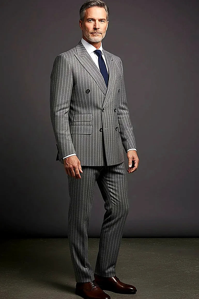 Grey Double-Breasted Suit — a grey double-breasted front cut on modern lines