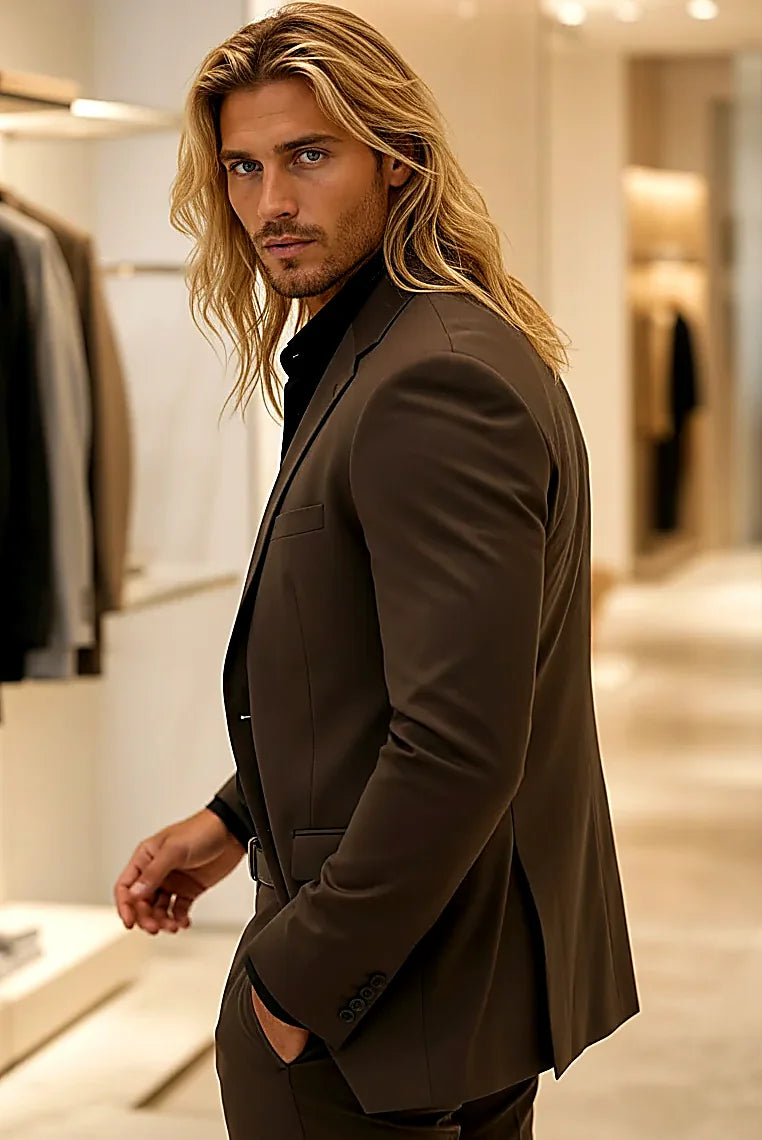 sharp notch lapels and structured shoulders over a slim tailored body