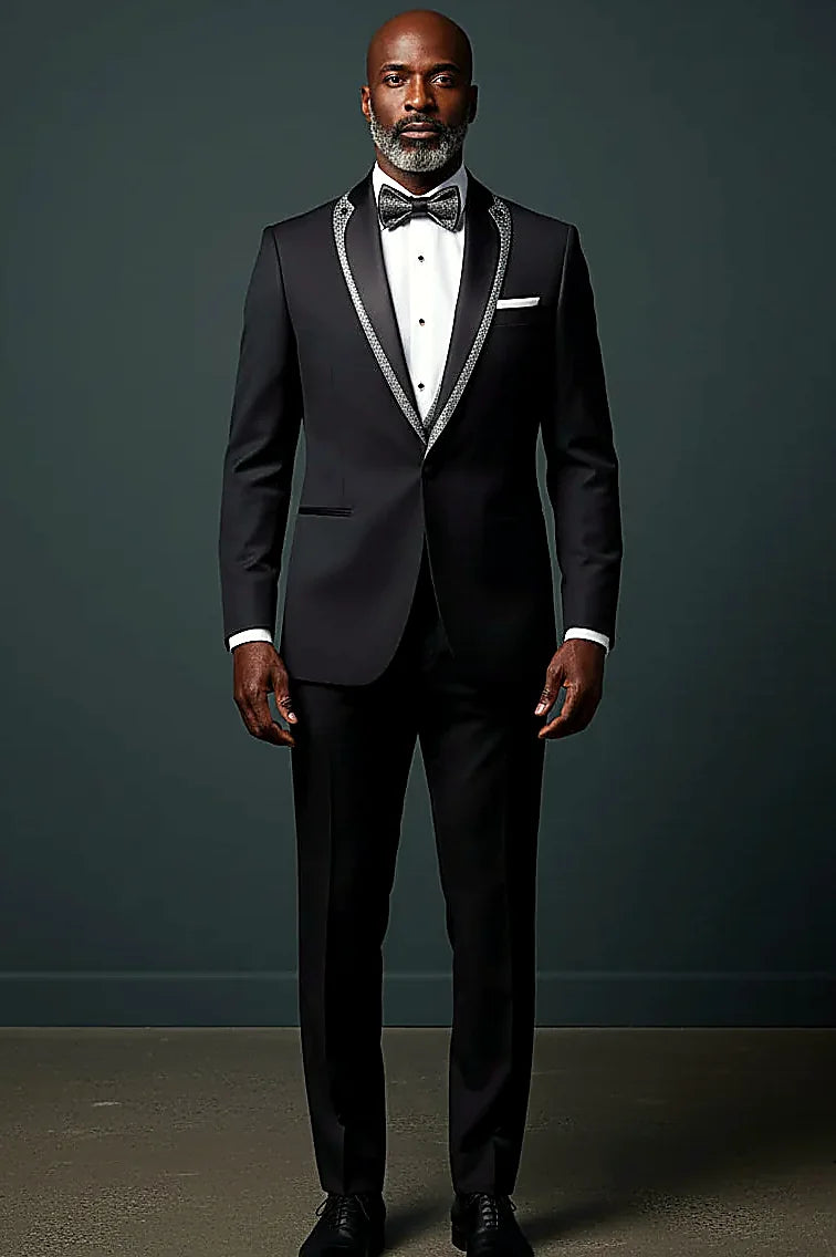 Evening Tuxedo featuring a sleek shawl lapel adorned with a striking shiny red trim.g