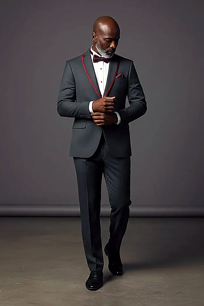 Evening Tuxedo featuring a sleek shawl lapel adorned with a striking shiny red trim.g