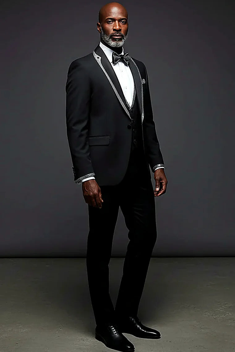 Floral Jacquard Evening Suit showing floral jacquard weave lifted by satin lapel accents