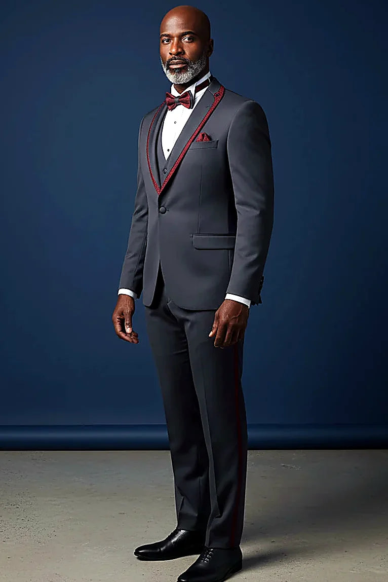 Evening Tuxedo featuring a sleek shawl lapel adorned with a striking shiny red trim.g