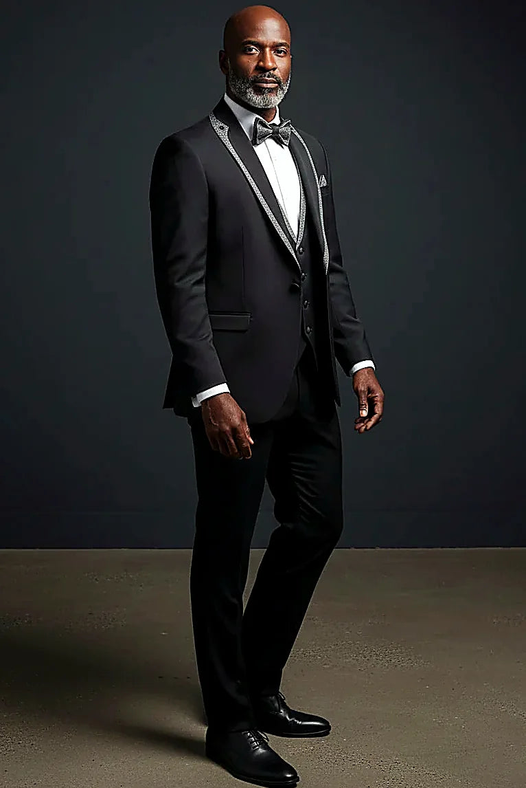 floral jacquard weave lifted by satin lapel accents, on this floral Jacquard Evening Suit