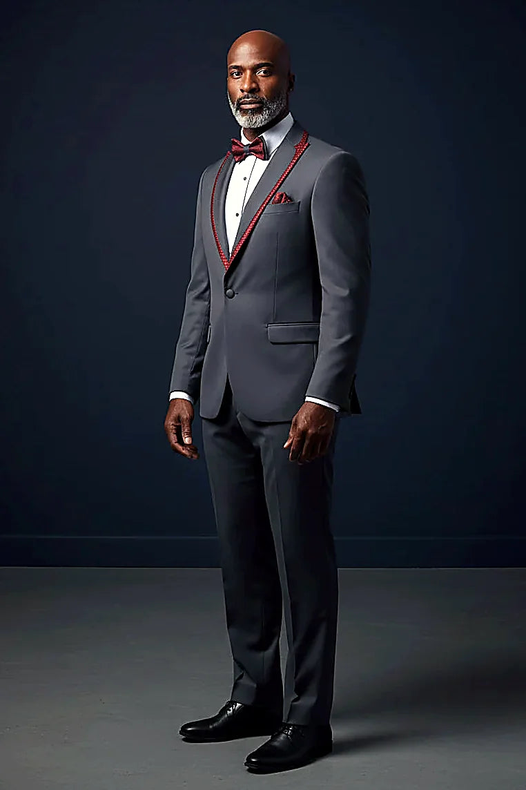 Evening Tuxedo featuring a sleek shawl lapel adorned with a striking shiny red trim.g