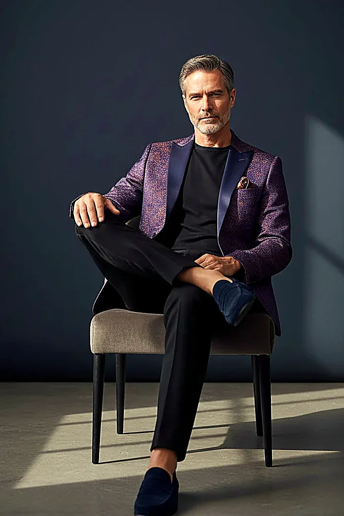 a subtle sparkle pattern over an enchanting blue base, on this blue Sparkle Tuxedo Blazer