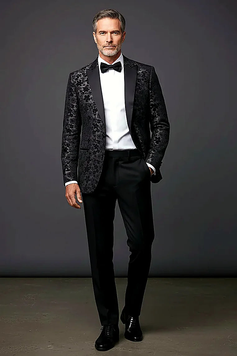 Black and Silver Floral Jacquard Tuxedo Blazer showing shimmering silver florals woven into a black jacquard