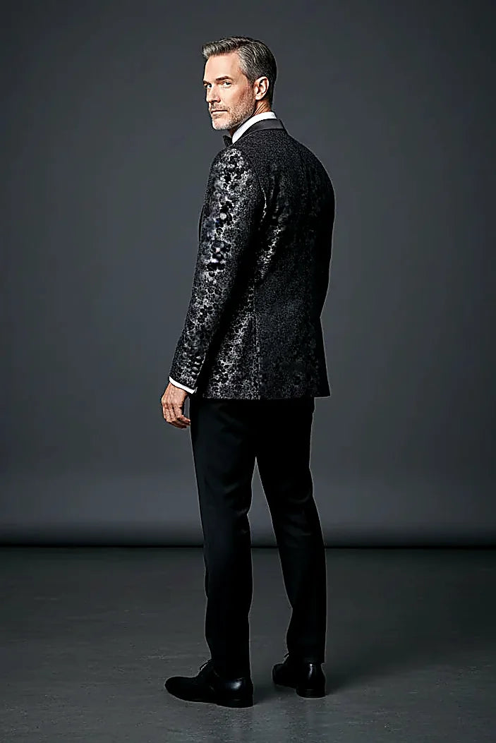 shimmering silver florals woven into a black jacquard
