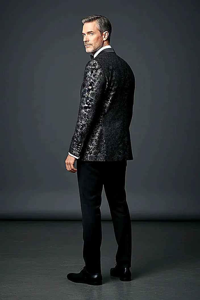 shimmering silver florals woven into a black jacquard, on this black and Silver Floral Jacquard Tuxedo Blazer
