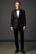 Black and Silver Floral Jacquard Tuxedo Blazer — shimmering silver florals woven into a black jacquard