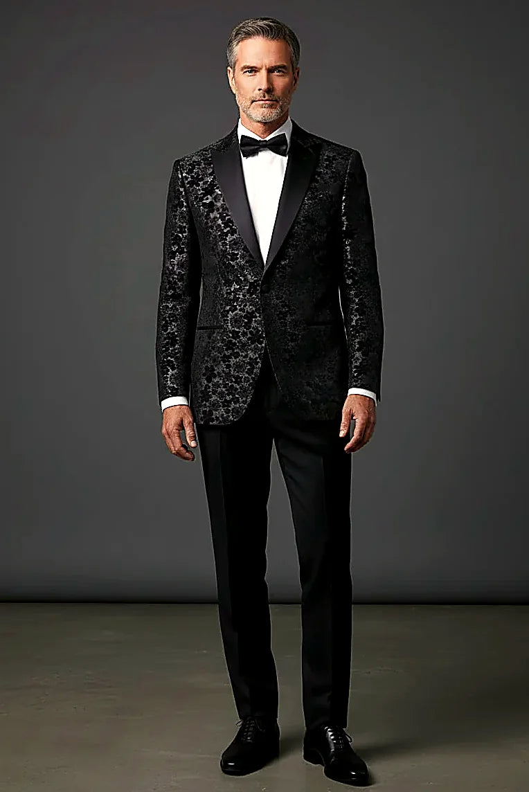 Black and Silver Floral Jacquard Tuxedo Blazer — shimmering silver florals woven into a black jacquard