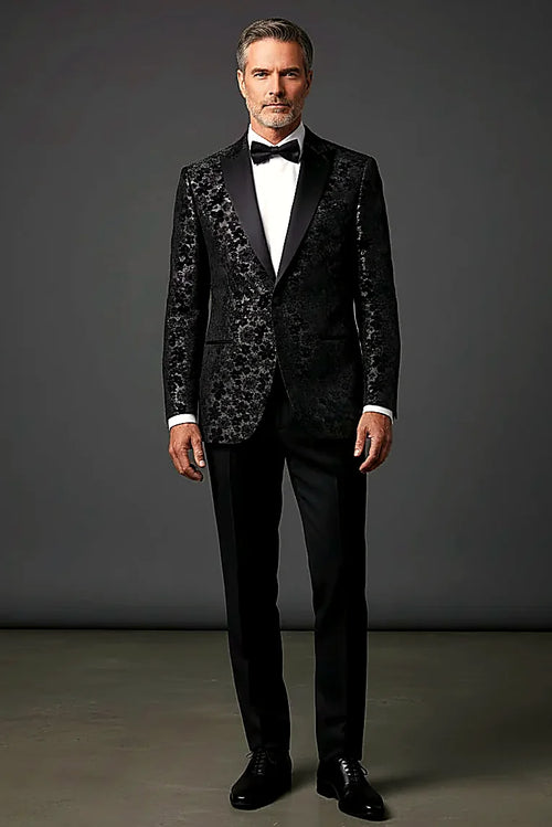 Black and Silver Floral Jacquard Tuxedo Blazer — shimmering silver florals woven into a black jacquard