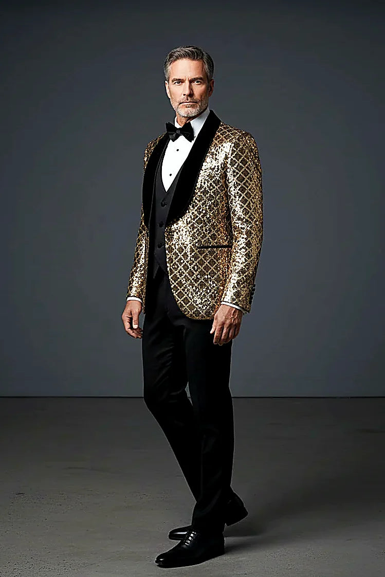 precision-placed sequins forming architectural geometric motifs, on this gold Geometric Sequin Tuxedo