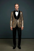 Gold Geometric Sequin Tuxedo — precision-placed sequins forming architectural geometric motifs
