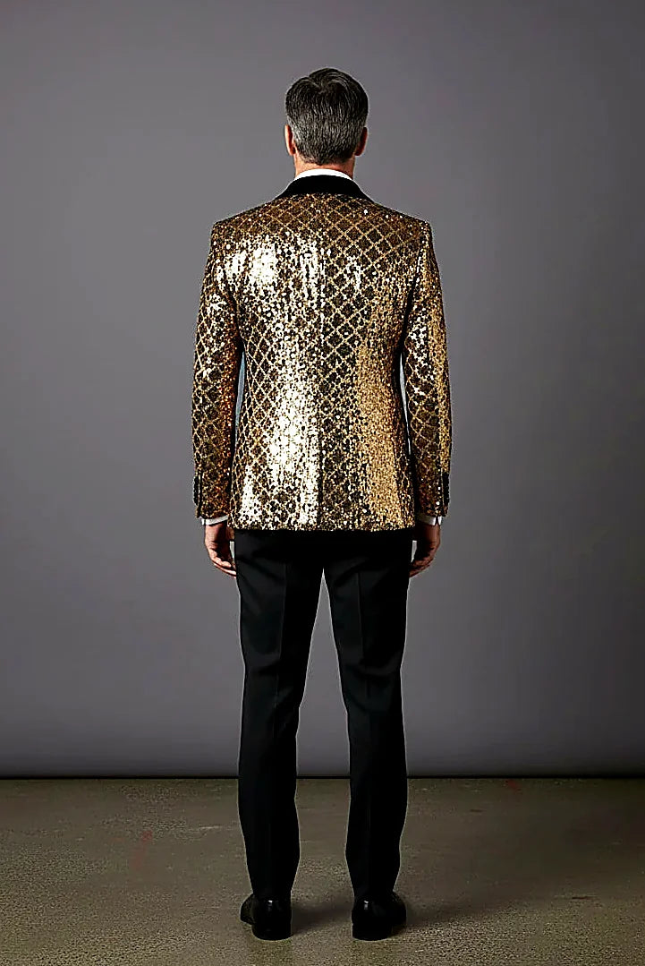 Gold Geometric Sequin Tuxedo showing precision-placed sequins forming architectural geometric motifs