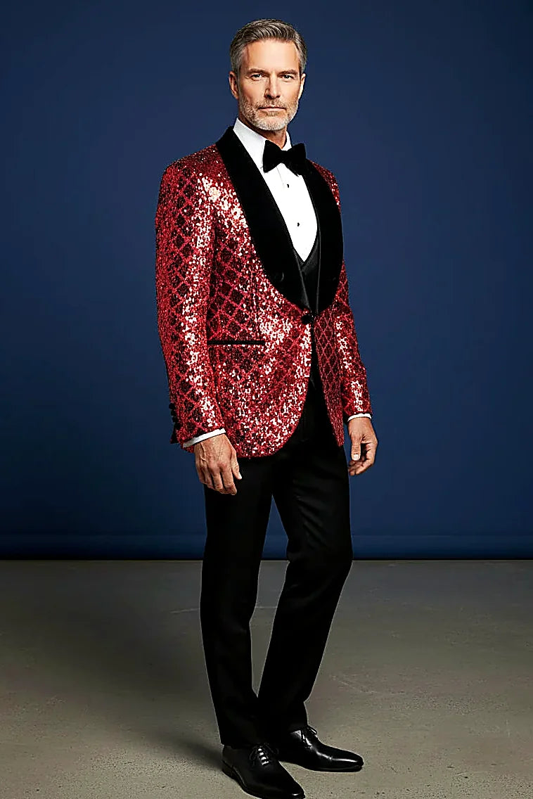Geometric Splendor Tuxedo - Sequin Embellished Velvet Lapel