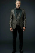 Gold Geometric Jacquard Tuxedo — angular gold triangles woven into a black jacquard base