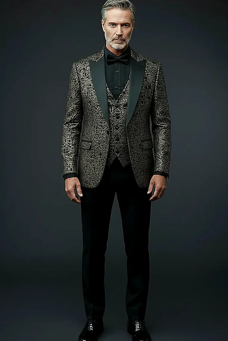 Gold Geometric Jacquard Tuxedo — angular gold triangles woven into a black jacquard base