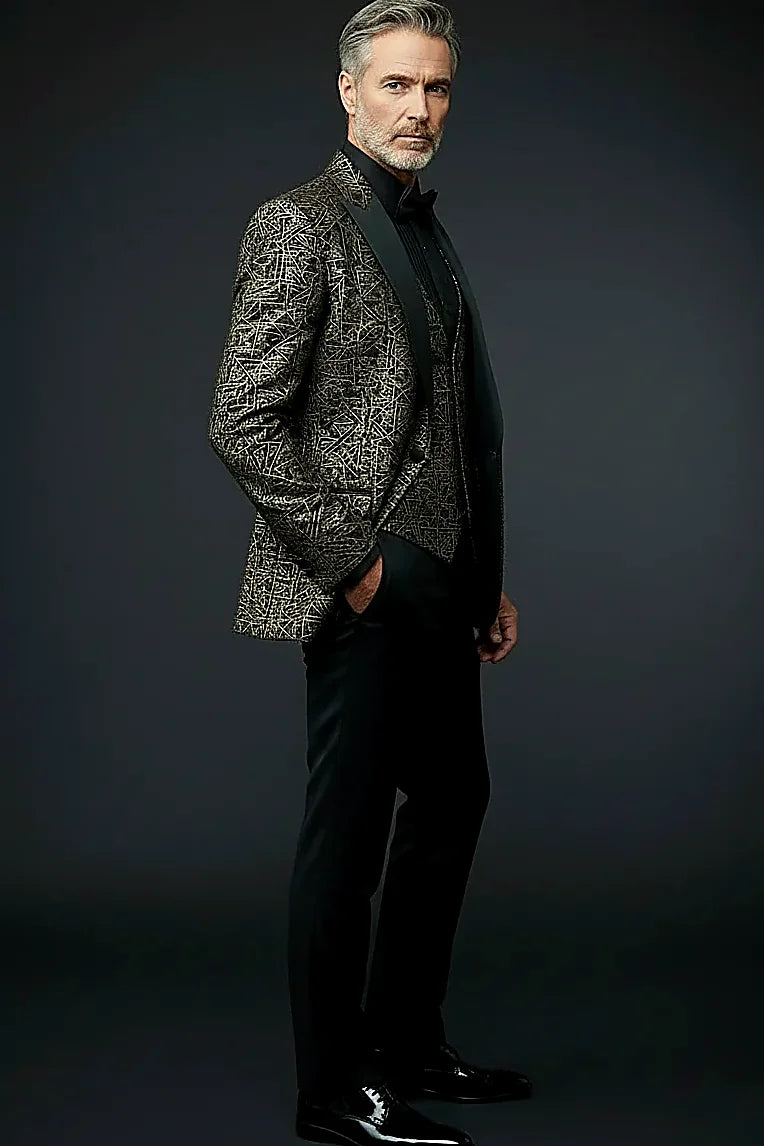 Gold Geometric Jacquard Tuxedo showing angular gold triangles woven into a black jacquard base