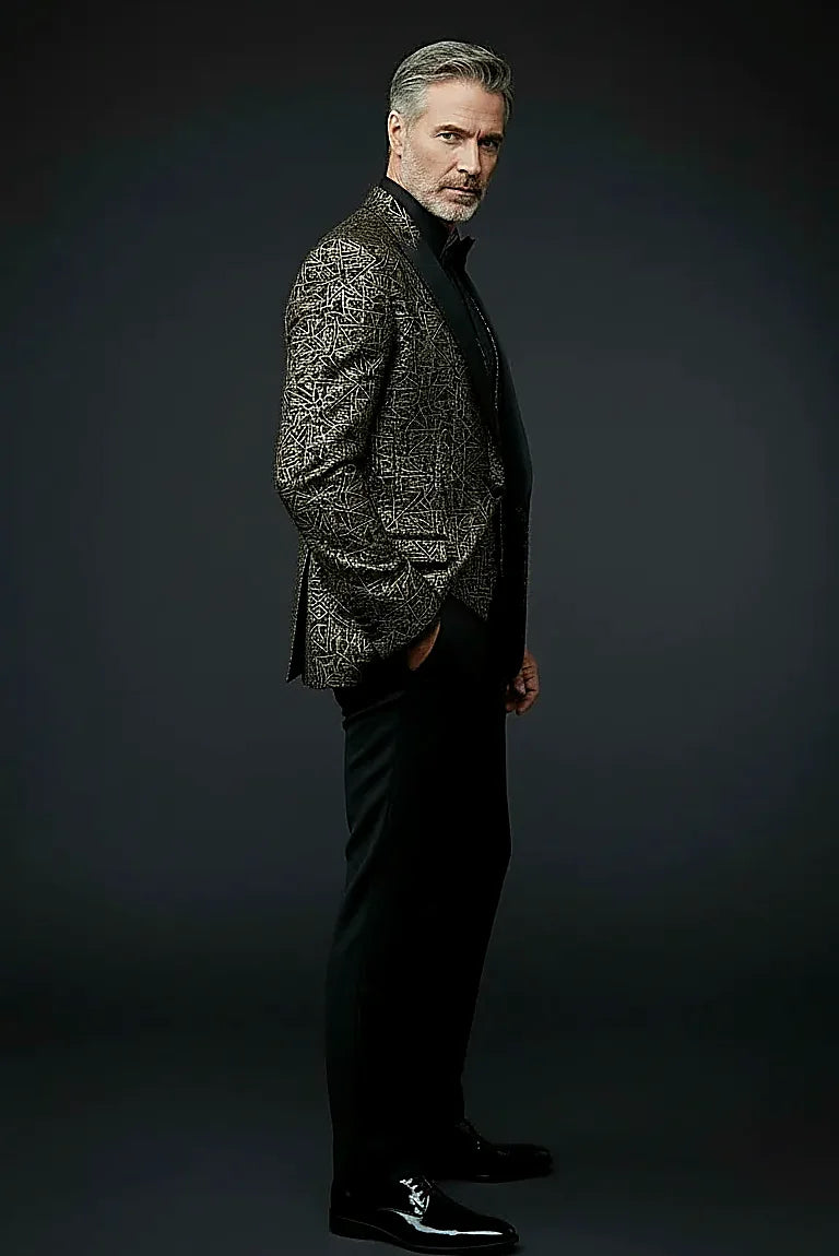 angular gold triangles woven into a black jacquard base, on this gold Geometric Jacquard Tuxedo
