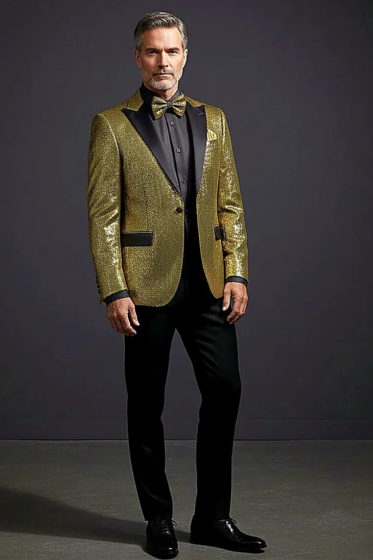 luminous metallic gold with a refined sheen, on this metallic Gold Tuxedo Suit
