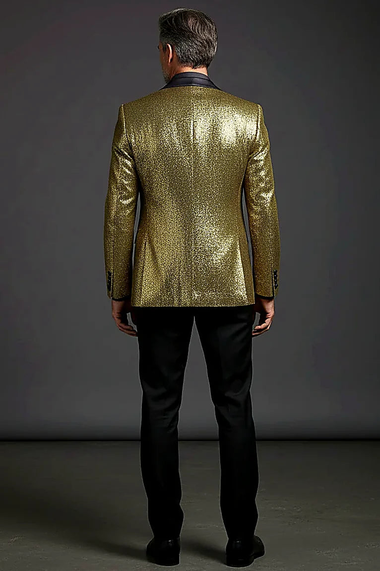 Metallic Gold Tuxedo Suit showing luminous metallic gold with a refined sheen