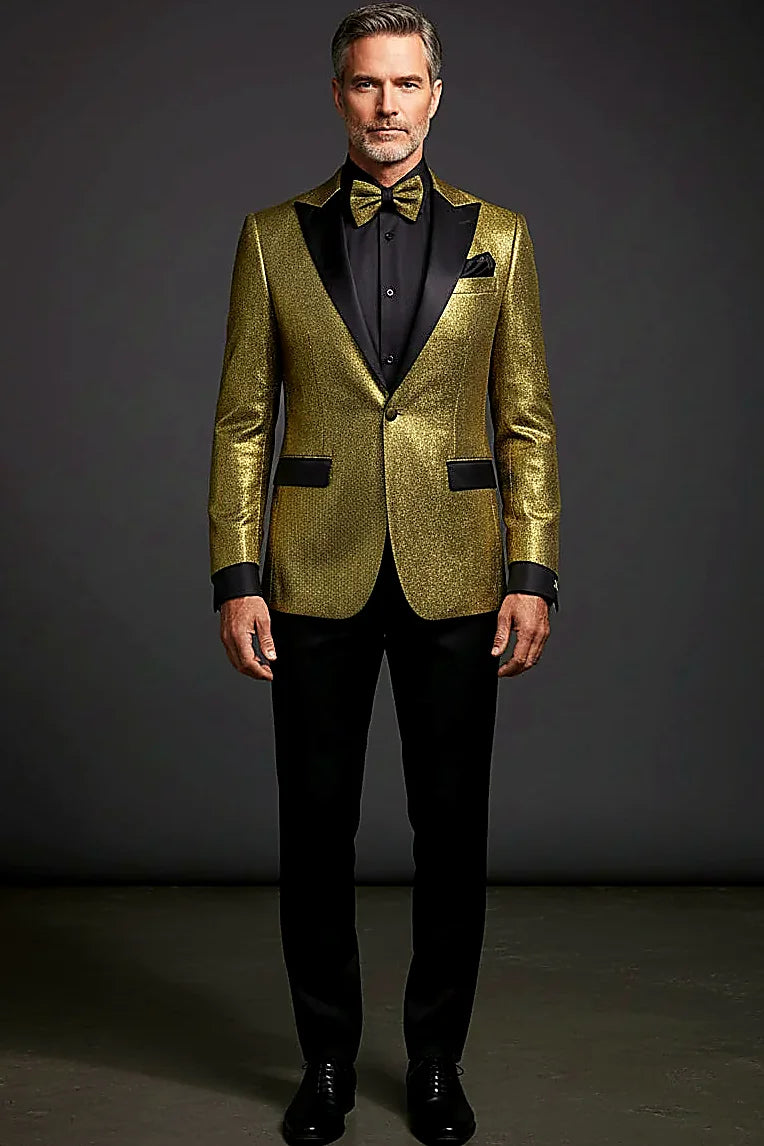 Metallic Gold Tuxedo Suit — luminous metallic gold with a refined sheen