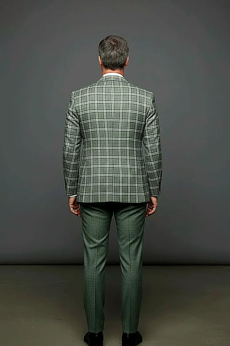 a classic windowpane check laid across a gray ground, on this gray Windowpane Plaid Suit
