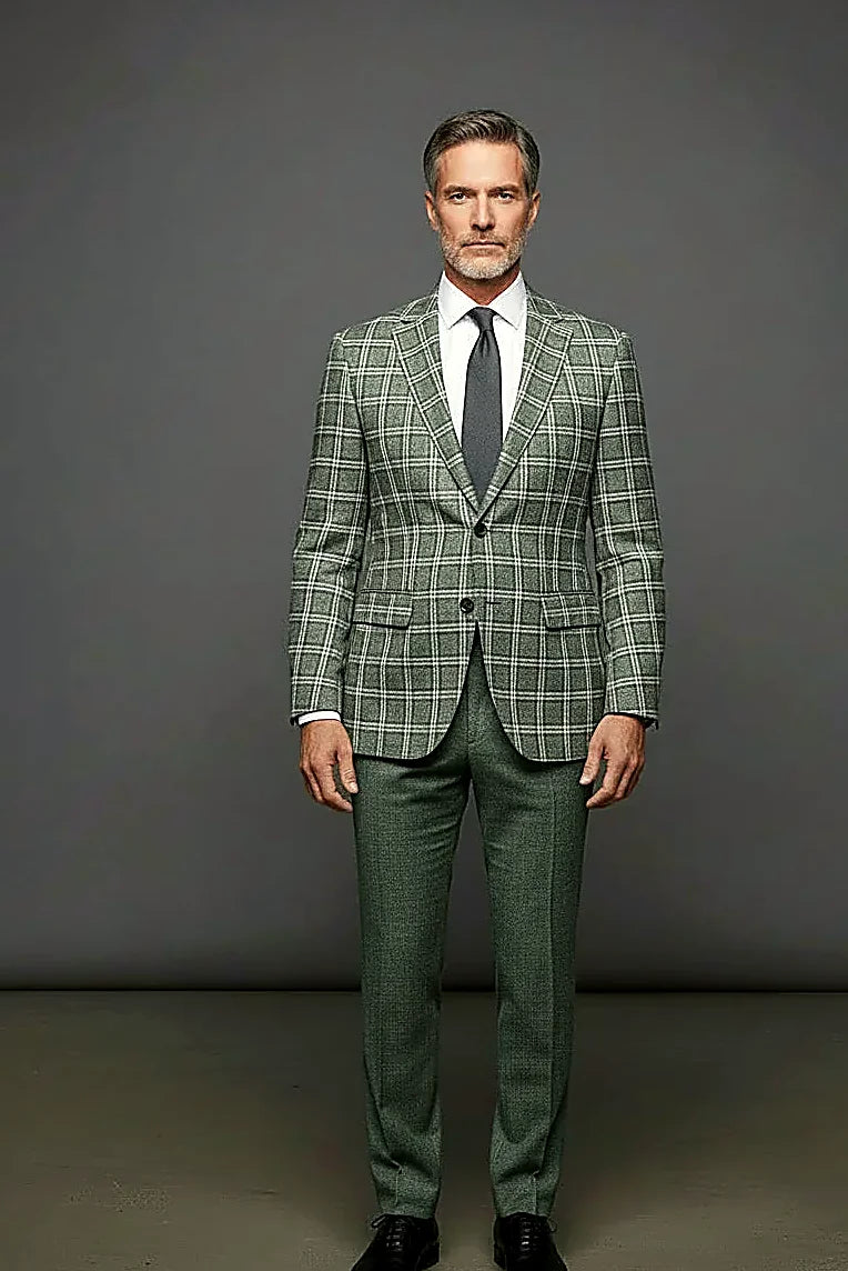 Gray Windowpane Plaid Suit — a classic windowpane check laid across a gray ground