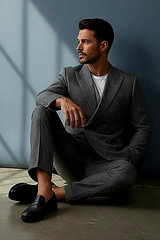 Grey Suit Jacket in White Pinstripe showing crisp white pinstripes elongating a refined grey ground