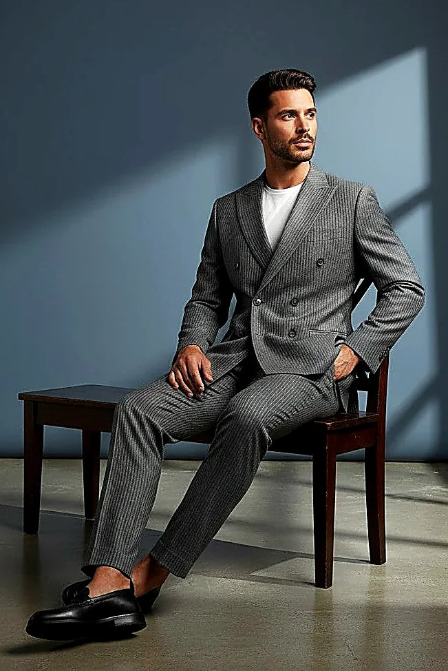 crisp white pinstripes elongating a refined grey ground