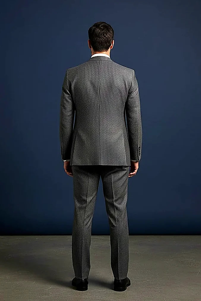 crisp white pinstripes elongating a refined grey ground, on this grey Suit Jacket in White Pinstripe