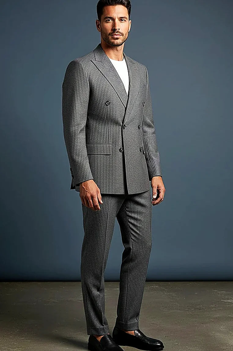 Grey Suit Jacket in White Pinstripe — crisp white pinstripes elongating a refined grey ground