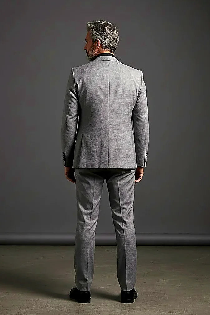 Heather Gray Three-Piece Suit showing contrasting black lapels above a form-fitting vest