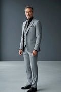 Heather Gray Three-Piece Suit — contrasting black lapels above a form-fitting vest