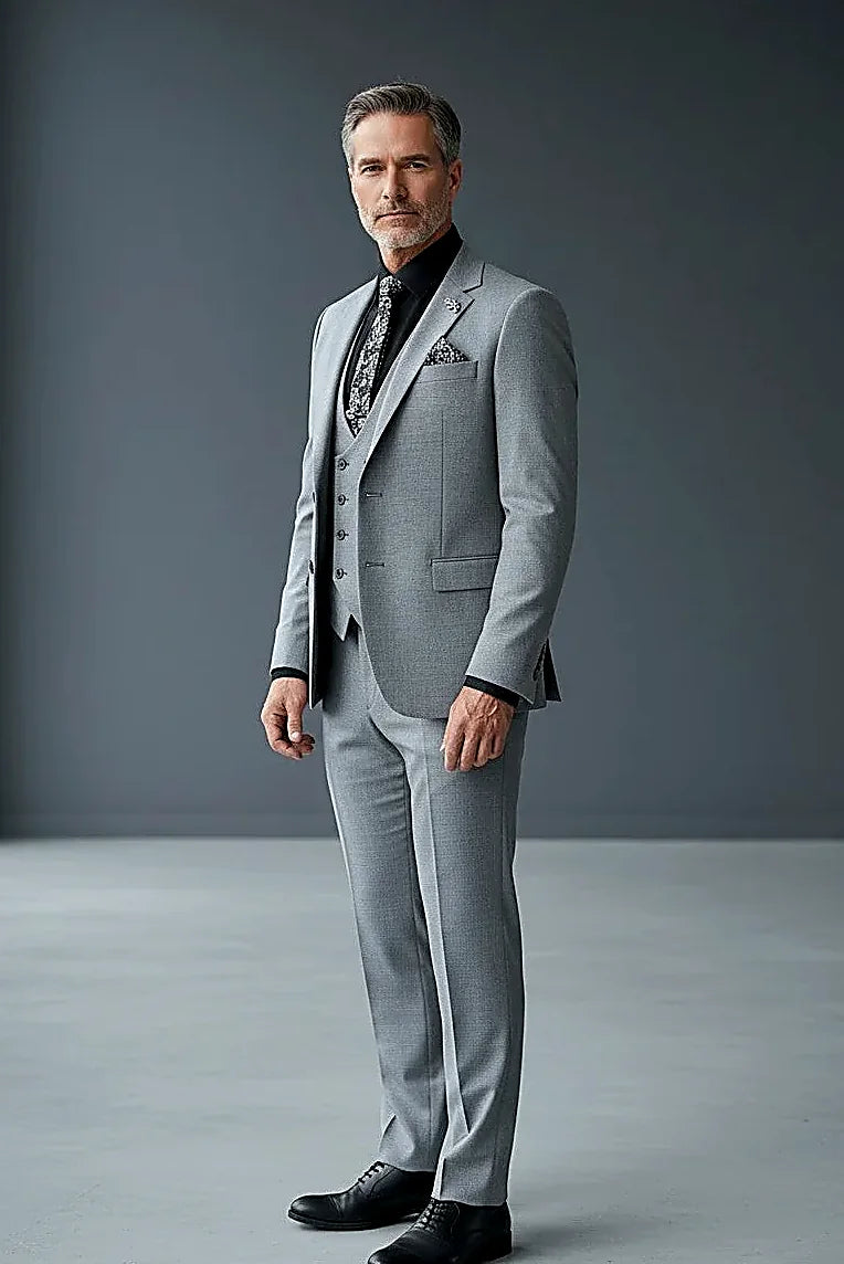 Heather Gray Three-Piece Suit — contrasting black lapels above a form-fitting vest