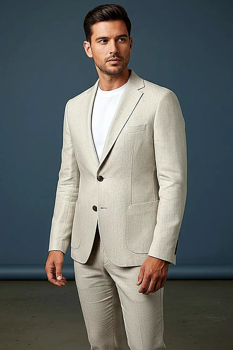 Ivory Linen-Blend Two-Piece Suit — an off-white linen blend carrying a subtle woven texture