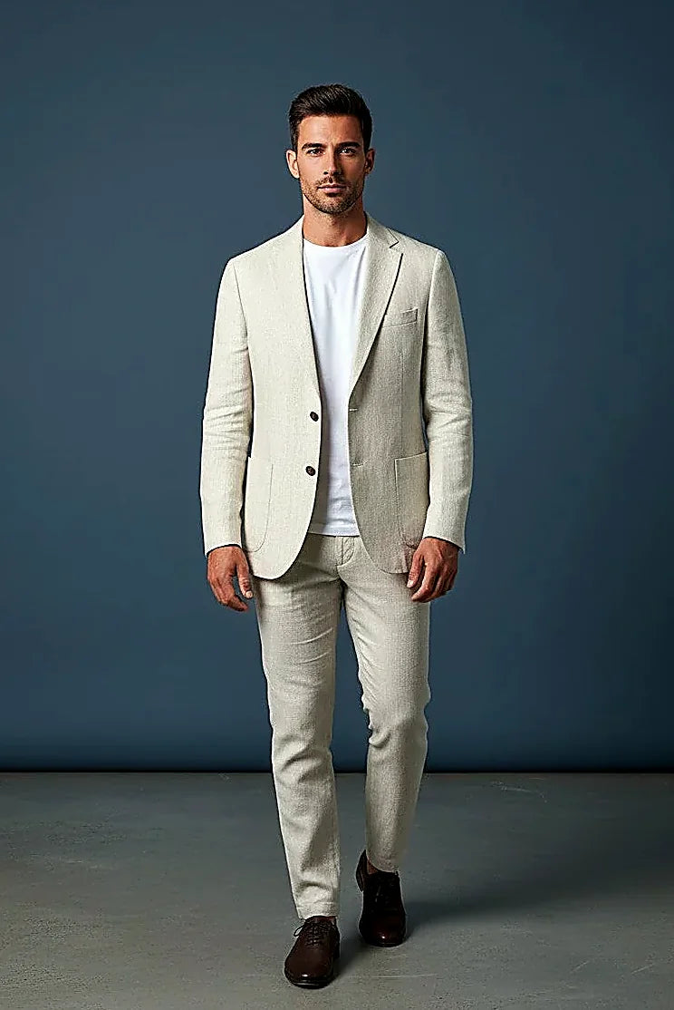 Ivory Linen-Blend Two-Piece Suit showing an off-white linen blend carrying a subtle woven texture
