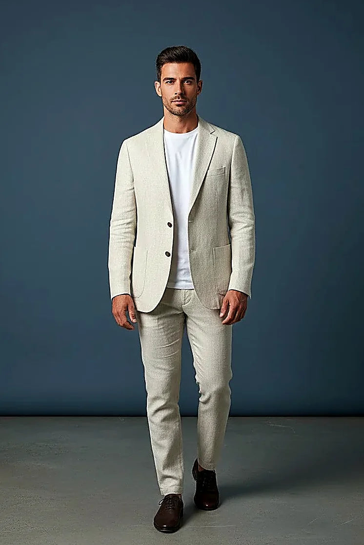 an off-white linen blend carrying a subtle woven texture