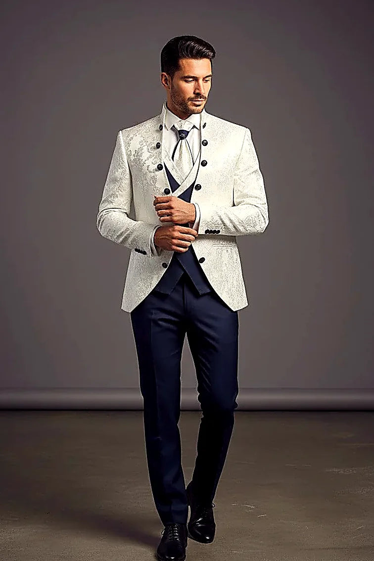 premium jacquard texture across a full three-piece set, on this navy Jacquard Tuxedo