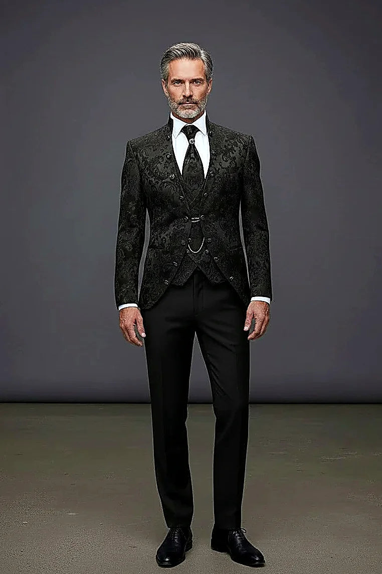 Navy Jacquard Tuxedo showing premium jacquard texture across a full three-piece set