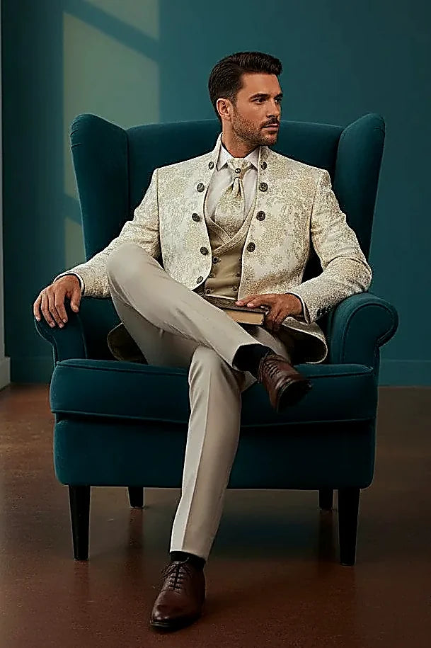 premium jacquard texture across a full three-piece set