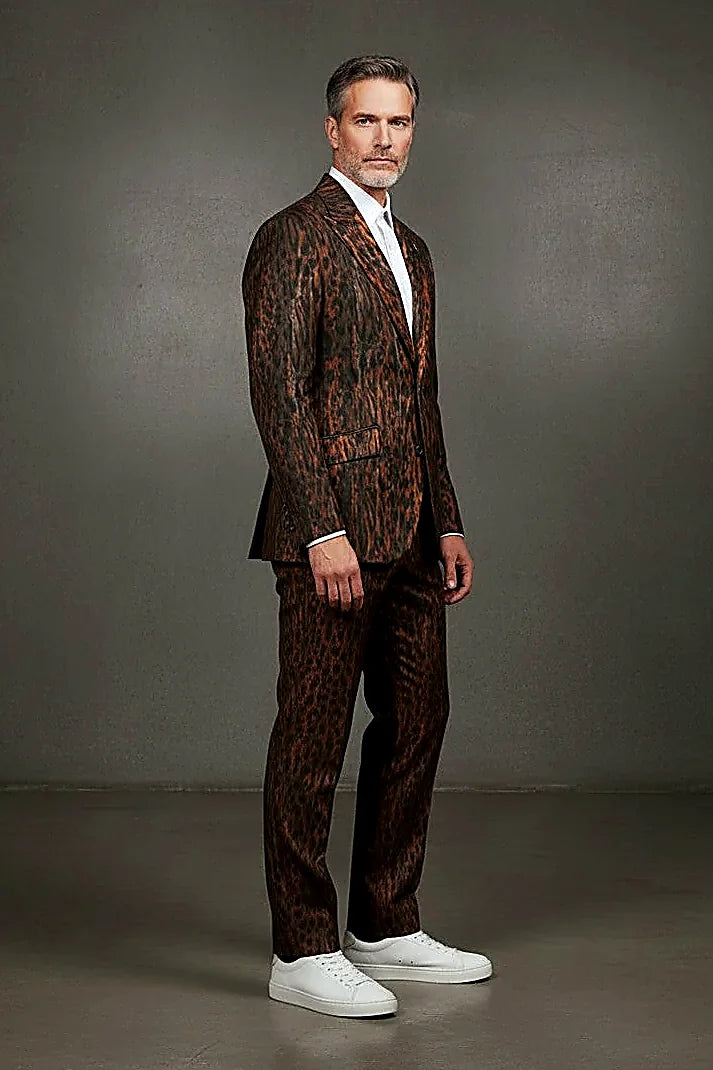 Leopard Print Blazer with Peak Lapels showing leopard print in dark brown and black with orange highlights
